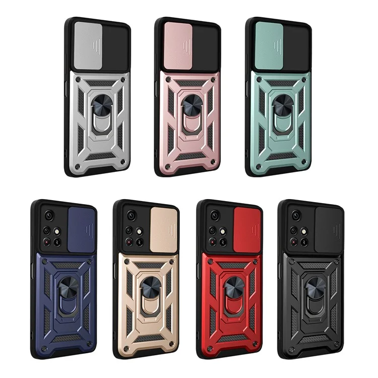 For Xiaomi Redmi Note 11 5G (China) (MediaTek)/Note 11T 5G/Note 11S 5G Camera Slide Cover Ring Holder Kickstand Stylish Anti-scratch PC + TPU Phone Cover Case - Black-Cellmalls