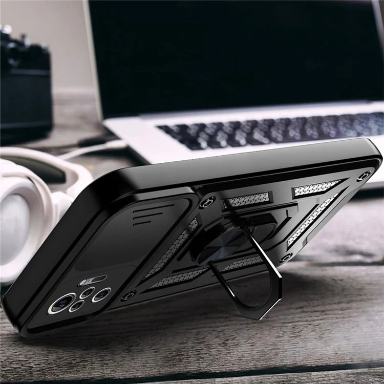 Shockproof Camera Slide Phone Hybrid Case Cover with Kickstand Ring Holder for Xiaomi Redmi Note 10 Pro 4G (Global) / Note 10 Pro 4G (India) - Black-Cellmalls