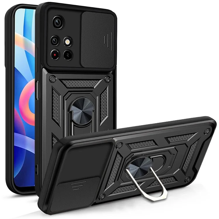 For Xiaomi Redmi Note 11 5G (China) (MediaTek)/Note 11T 5G/Note 11S 5G Camera Slide Cover Ring Holder Kickstand Stylish Anti-scratch PC + TPU Phone Cover Case - Black-Cellmalls