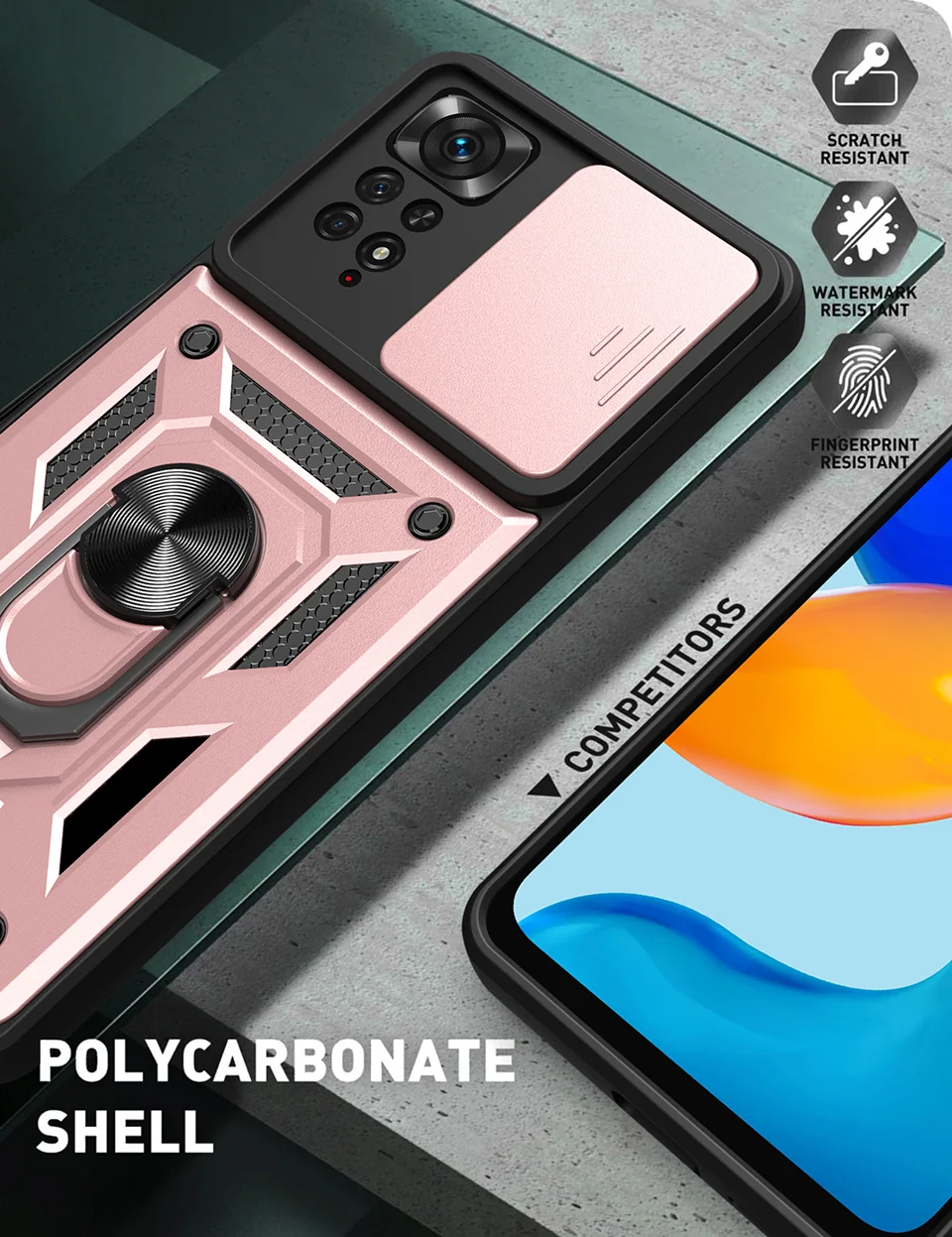 For Xiaomi Redmi Note 12 Pro 4G / 11 Pro 4G (MediaTek) / Note 11 Pro 5G (Qualcomm) PC + TPU Hybrid Slide Camera Cover Built-in Metal Sheet Mobile Phone Shell with Kickstand - Rose Gold-Cellmalls