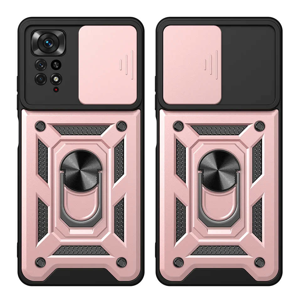 For Xiaomi Redmi Note 12 Pro 4G / 11 Pro 4G (MediaTek) / Note 11 Pro 5G (Qualcomm) PC + TPU Hybrid Slide Camera Cover Built-in Metal Sheet Mobile Phone Shell with Kickstand - Rose Gold-Cellmalls