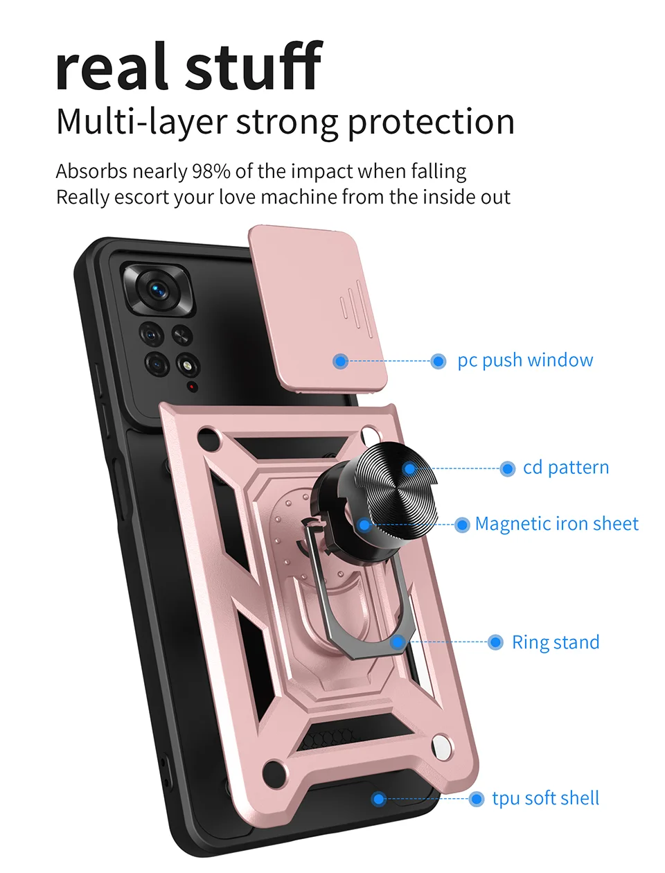 For Xiaomi Redmi Note 12 Pro 4G / 11 Pro 4G (MediaTek) / Note 11 Pro 5G (Qualcomm) PC + TPU Hybrid Slide Camera Cover Built-in Metal Sheet Mobile Phone Shell with Kickstand - Rose Gold-Cellmalls