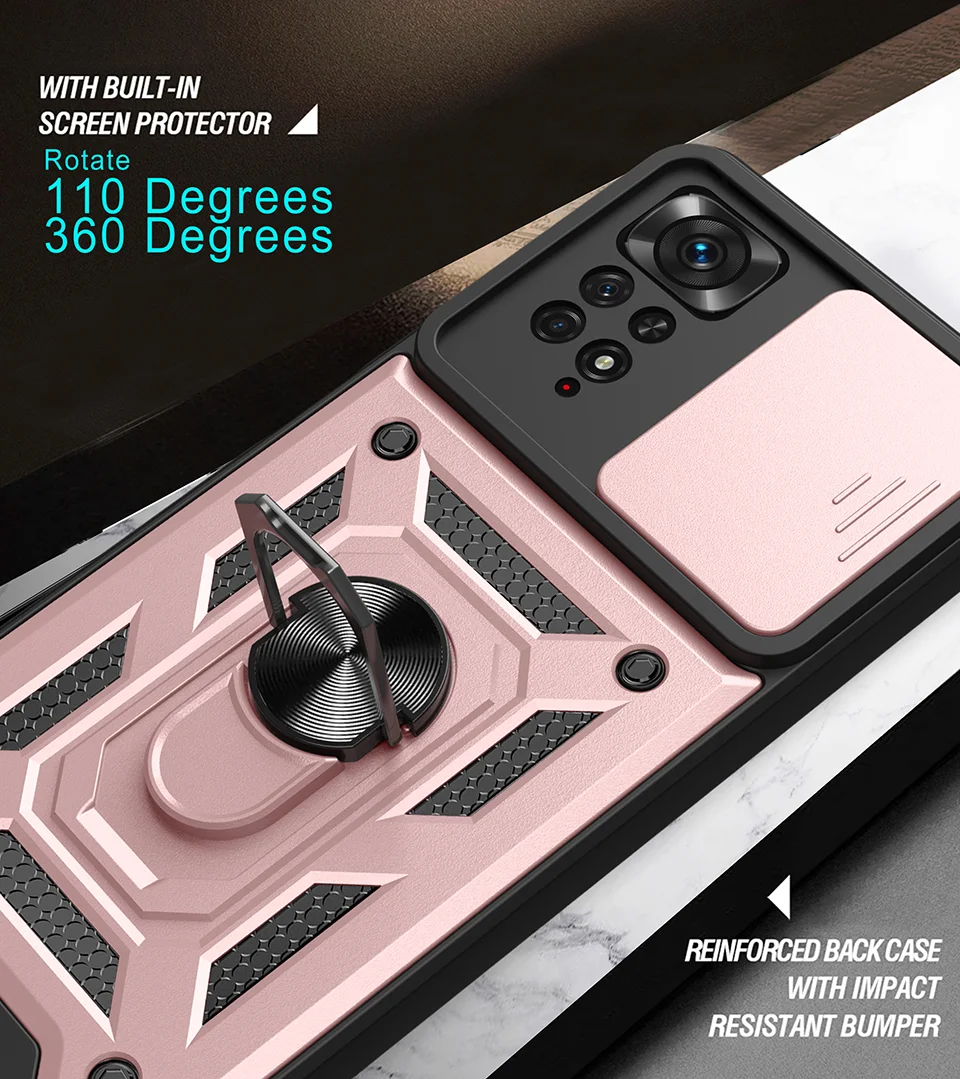 For Xiaomi Redmi Note 12 Pro 4G / 11 Pro 4G (MediaTek) / Note 11 Pro 5G (Qualcomm) PC + TPU Hybrid Slide Camera Cover Built-in Metal Sheet Mobile Phone Shell with Kickstand - Rose Gold-Cellmalls