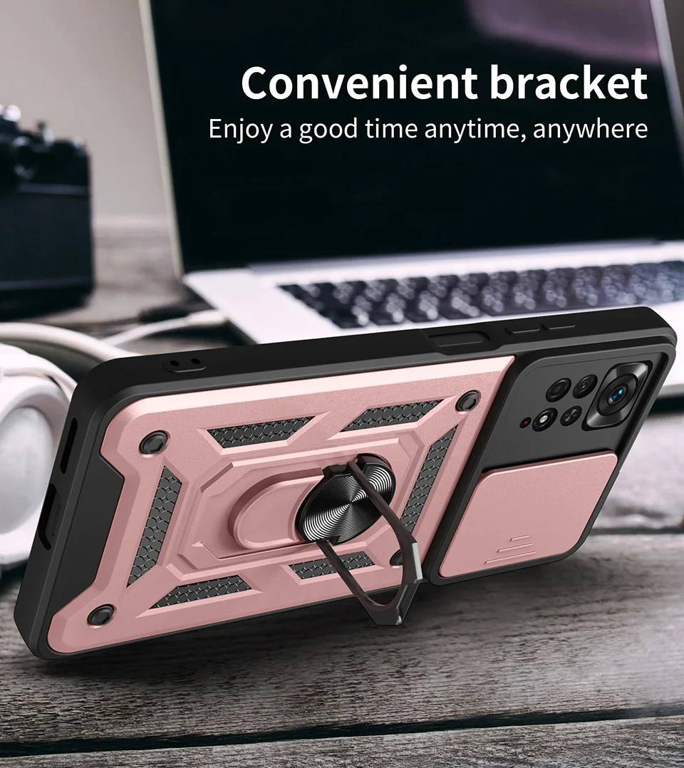 For Xiaomi Redmi Note 12 Pro 4G / 11 Pro 4G (MediaTek) / Note 11 Pro 5G (Qualcomm) PC + TPU Hybrid Slide Camera Cover Built-in Metal Sheet Mobile Phone Shell with Kickstand - Rose Gold-Cellmalls