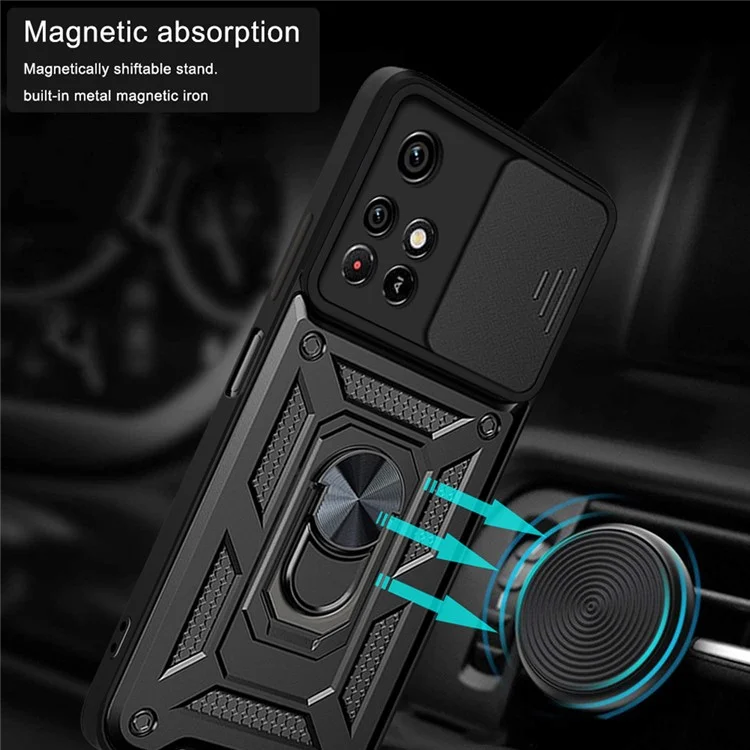For Xiaomi Redmi Note 11 Pro 5G (China) (MediaTek) / Note 11 Pro+ 5G Ring Kickstand TPU+PC Phone Case Slide Camera Protection Back Cover - Black-Cellmalls