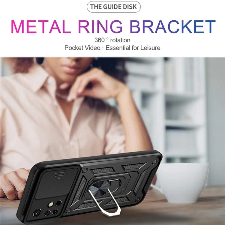 For Xiaomi Redmi Note 11 Pro 5G (China) (MediaTek) / Note 11 Pro+ 5G Ring Kickstand TPU+PC Phone Case Slide Camera Protection Back Cover - Black-Cellmalls