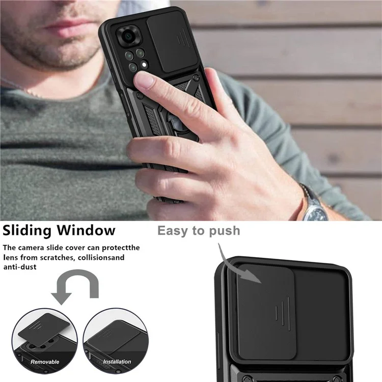For Xiaomi Redmi Note 11S 4G Shockproof PC + TPU Hybrid Slide Camera Cover Feather Cell Phone Protector with Rotating Kickstand - Black-Cellmalls