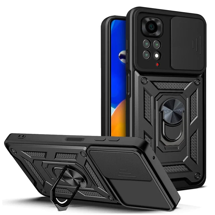 For Xiaomi Redmi Note 11S 4G Shockproof PC + TPU Hybrid Slide Camera Cover Feather Cell Phone Protector with Rotating Kickstand - Black-Cellmalls