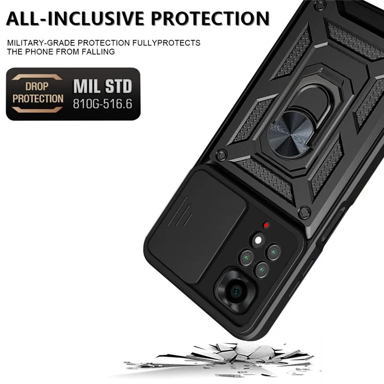 For Xiaomi Redmi Note 11S 4G Shockproof PC + TPU Hybrid Slide Camera Cover Feather Cell Phone Protector with Rotating Kickstand - Black-Cellmalls