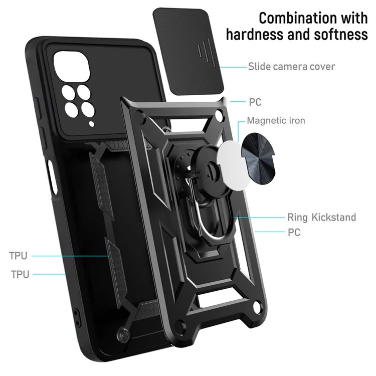 For Xiaomi Redmi Note 11S 4G Shockproof PC + TPU Hybrid Slide Camera Cover Feather Cell Phone Protector with Rotating Kickstand - Black-Cellmalls