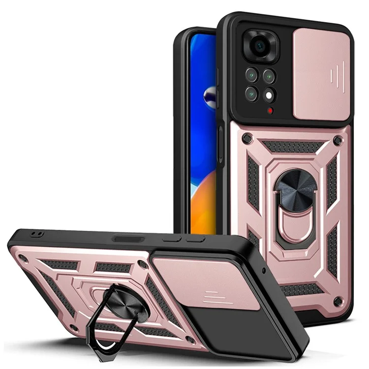 For Xiaomi Redmi Note 11S 4G Shockproof PC + TPU Hybrid Slide Camera Cover Feather Cell Phone Protector with Rotating Kickstand - Black-Cellmalls