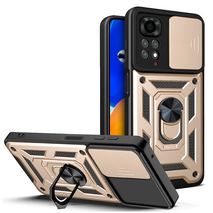 For Xiaomi Redmi Note 11S 4G Shockproof PC + TPU Hybrid Slide Camera Cover Feather Cell Phone Protector with Rotating Kickstand - Black-Cellmalls