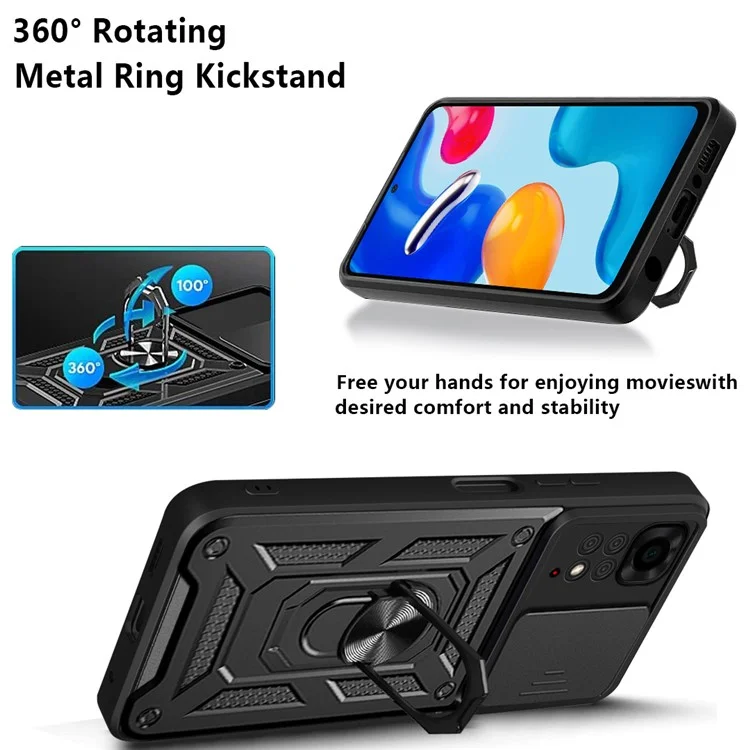 For Xiaomi Redmi Note 11S 4G Shockproof PC + TPU Hybrid Slide Camera Cover Feather Cell Phone Protector with Rotating Kickstand - Black-Cellmalls