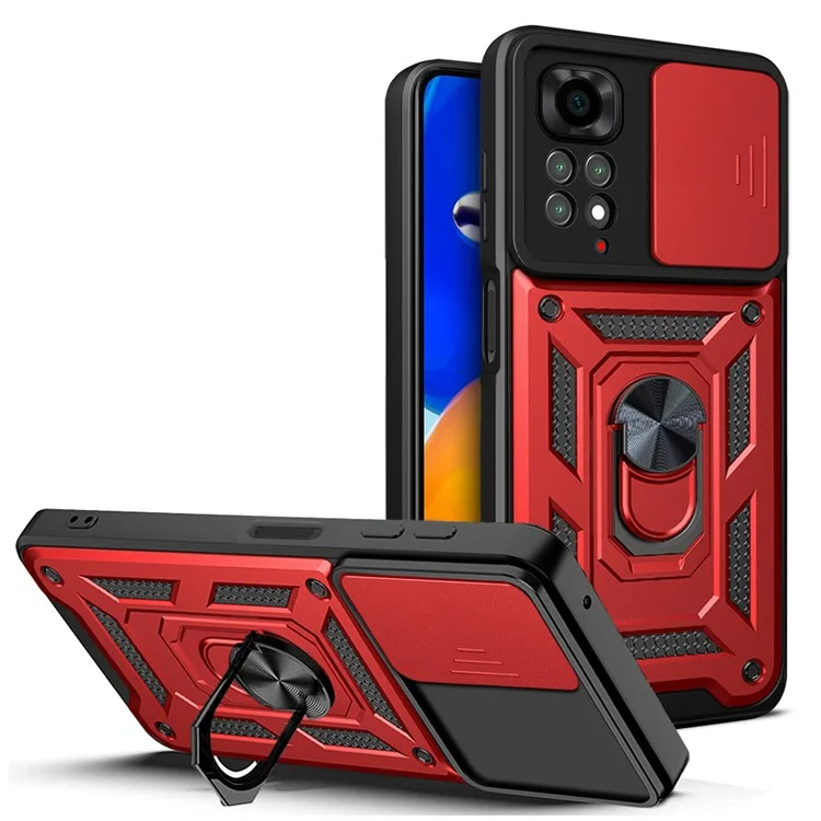 For Xiaomi Redmi Note 11S 4G Shockproof PC + TPU Hybrid Slide Camera Cover Feather Cell Phone Protector with Rotating Kickstand - Black-Cellmalls