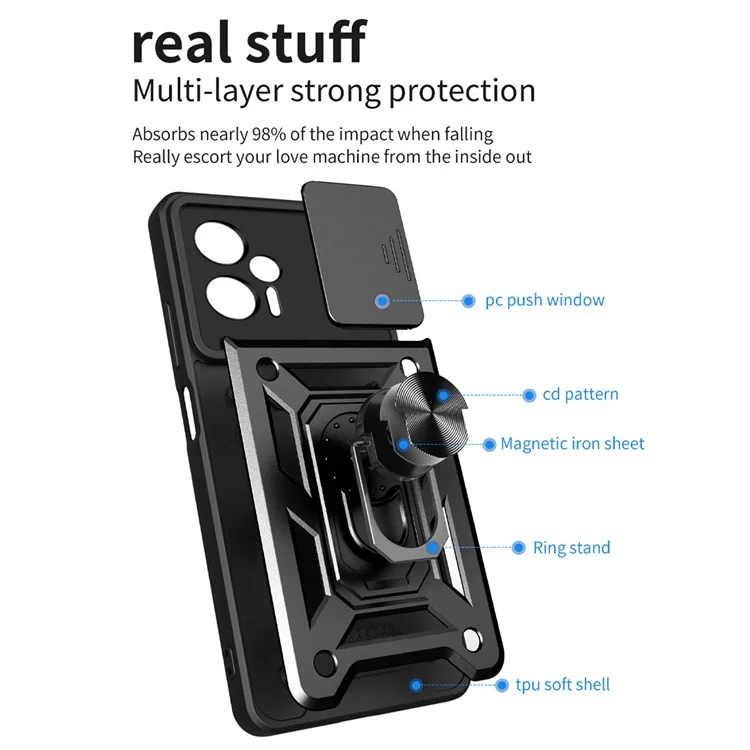 For Xiaomi Redmi Note 11T Pro 5G / Note 11T Pro+ 5G / Poco X4 GT 5G / Redmi K50i 5G Cell Phone Shell Kickstand PC + TPU Hybrid Cover Slide Camera Protection Anti-scratch Phone Case - Black-Cellmalls