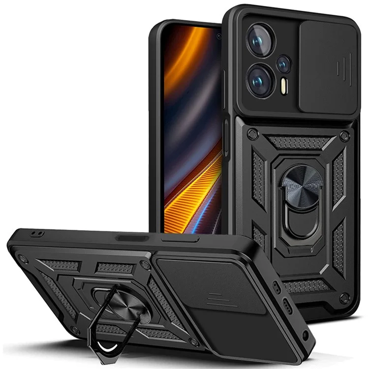 For Xiaomi Redmi Note 11T Pro 5G / Note 11T Pro+ 5G / Poco X4 GT 5G / Redmi K50i 5G Cell Phone Shell Kickstand PC + TPU Hybrid Cover Slide Camera Protection Anti-scratch Phone Case - Black-Cellmalls
