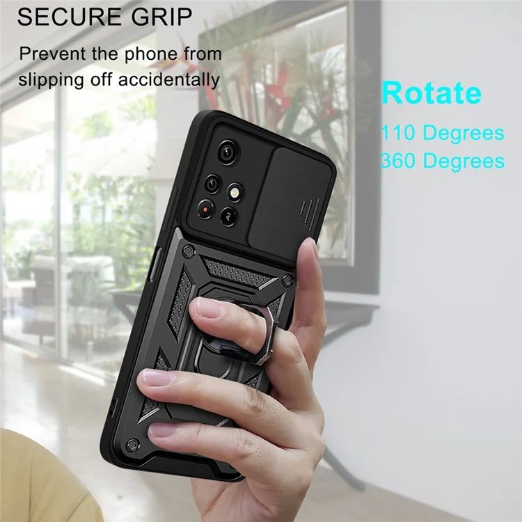 For Xiaomi Redmi Note 11 Pro 5G (China) (MediaTek) / Note 11 Pro+ 5G Ring Kickstand TPU+PC Phone Case Slide Camera Protection Back Cover - Black-Cellmalls