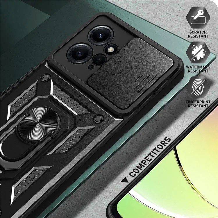 For Xiaomi Redmi Note 12 4G Kickstand Phone Case Slide Lens Protection PC+TPU Cover - Black-Cellmalls