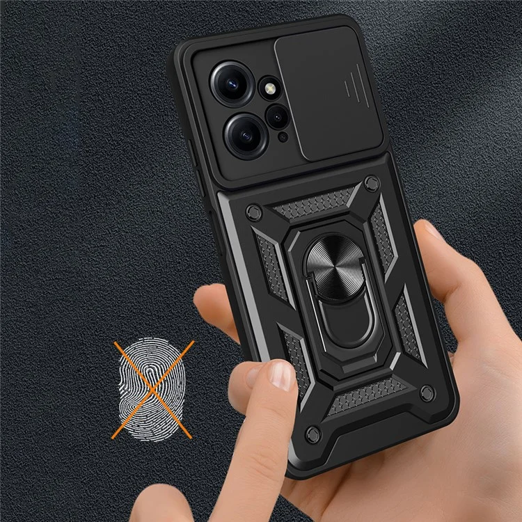 For Xiaomi Redmi Note 12 4G Kickstand Phone Case Slide Lens Protection PC+TPU Cover - Black-Cellmalls