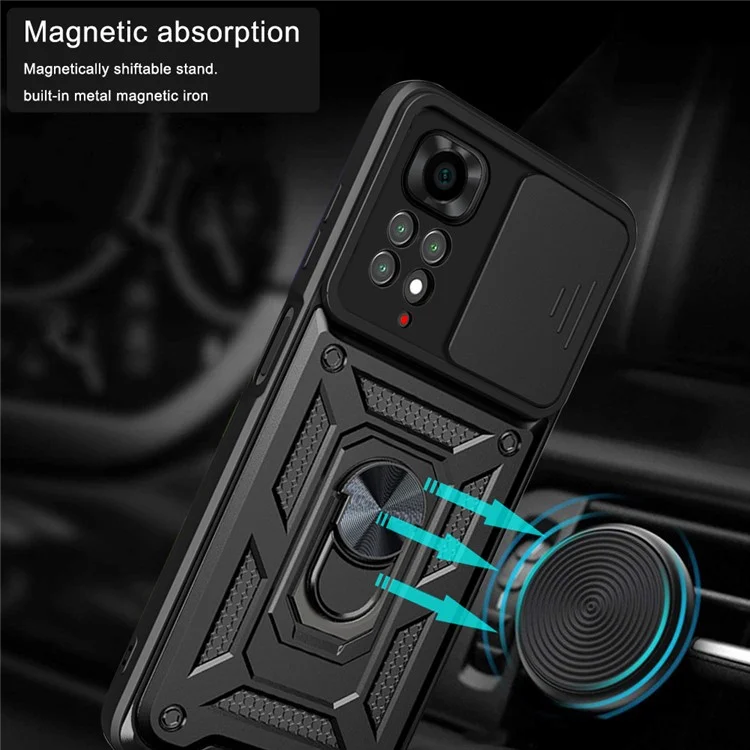 For Xiaomi Redmi Note 11S 4G Shockproof PC + TPU Hybrid Slide Camera Cover Feather Cell Phone Protector with Rotating Kickstand - Black-Cellmalls
