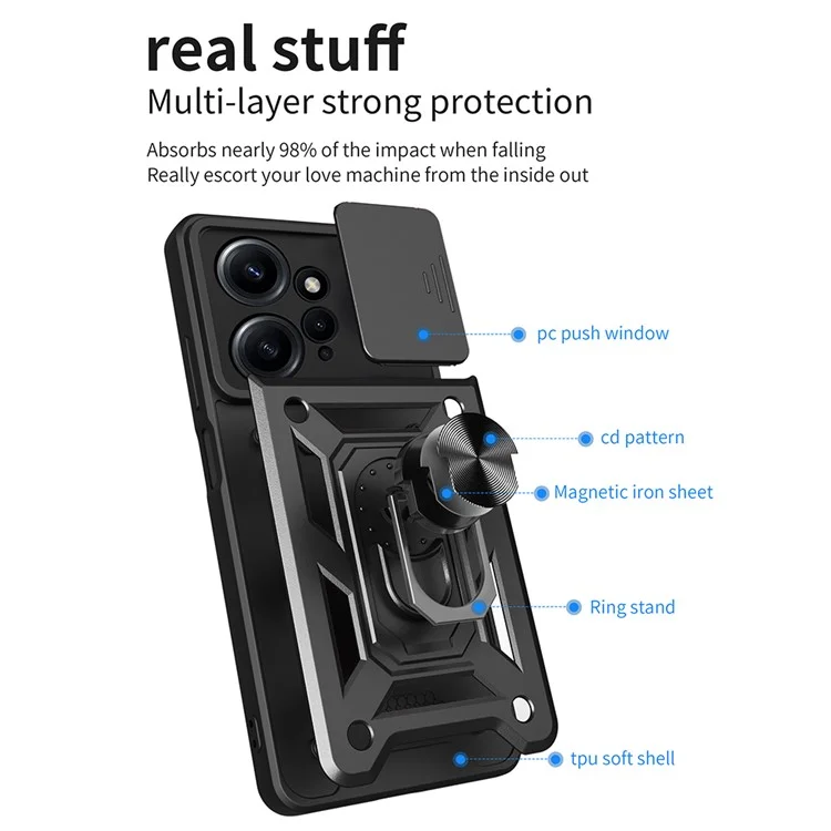For Xiaomi Redmi Note 12 4G Kickstand Phone Case Slide Lens Protection PC+TPU Cover - Black-Cellmalls