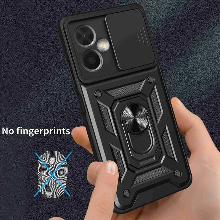 Phone Case for Xiaomi Redmi Note 12 5G (China), PC + TPU Protective Back Cover with Slide Camera Protector and Ring Kickstand - Black-Cellmalls