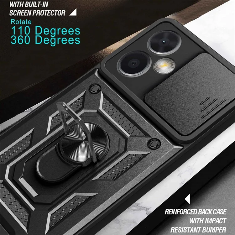 Phone Case for Xiaomi Redmi Note 12 5G (China), PC + TPU Protective Back Cover with Slide Camera Protector and Ring Kickstand - Black-Cellmalls