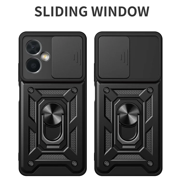 Phone Case for Xiaomi Redmi Note 12 5G (China), PC + TPU Protective Back Cover with Slide Camera Protector and Ring Kickstand - Black-Cellmalls