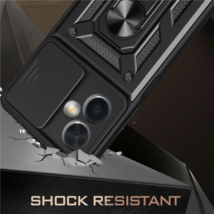 Phone Case for Xiaomi Redmi Note 12 5G (China), PC + TPU Protective Back Cover with Slide Camera Protector and Ring Kickstand - Black-Cellmalls