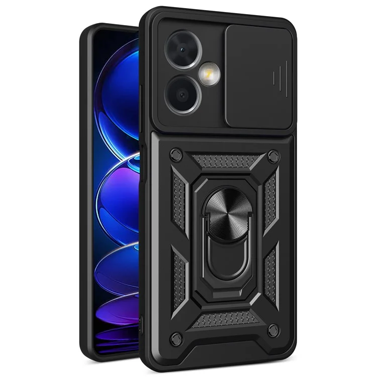 Phone Case for Xiaomi Redmi Note 12 5G (China), PC + TPU Protective Back Cover with Slide Camera Protector and Ring Kickstand - Black-Cellmalls