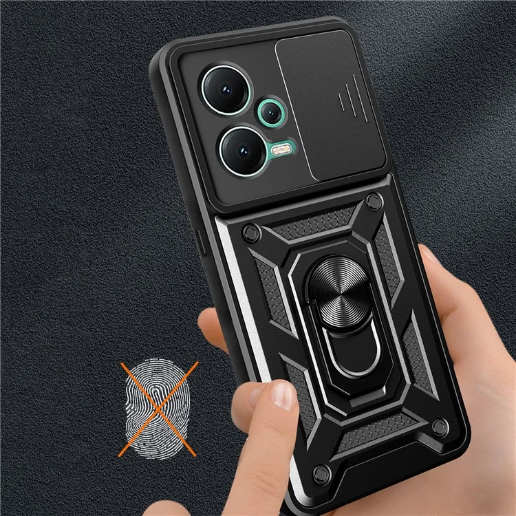 For Xiaomi Redmi Note 12 5G (India) / Poco X5 5G Kickstand PC+TPU Slide Push Pull Camera Lens Protection Cover - Black-Cellmalls
