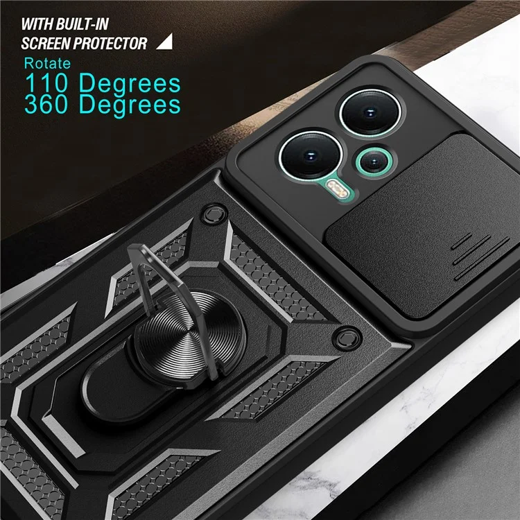 For Xiaomi Redmi Note 12 5G (India) / Poco X5 5G Kickstand PC+TPU Slide Push Pull Camera Lens Protection Cover - Black-Cellmalls