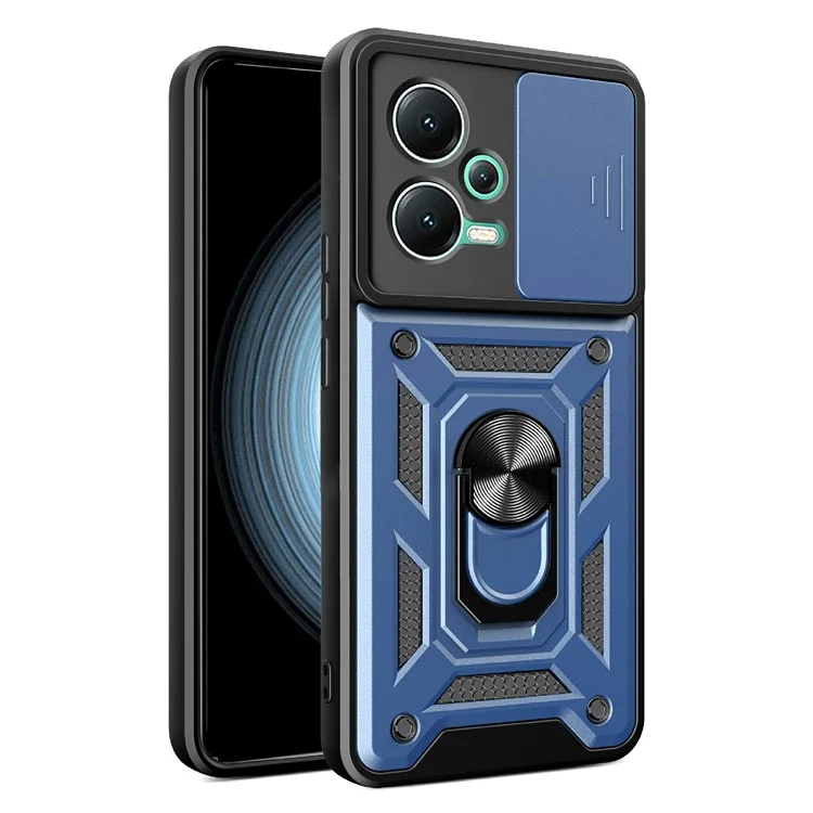 For Xiaomi Redmi Note 12 5G (India) / Poco X5 5G Kickstand PC+TPU Slide Push Pull Camera Lens Protection Cover - Black-Cellmalls