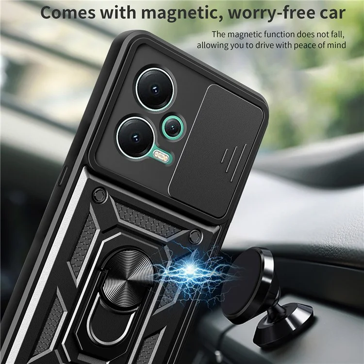 For Xiaomi Redmi Note 12 5G (India) / Poco X5 5G Kickstand PC+TPU Slide Push Pull Camera Lens Protection Cover - Black-Cellmalls