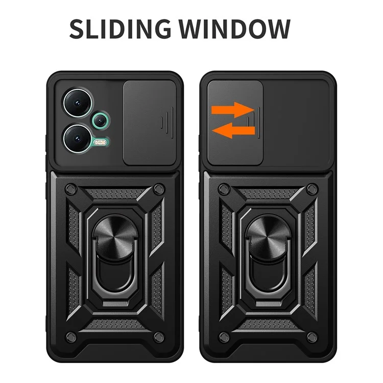 For Xiaomi Redmi Note 12 5G (India) / Poco X5 5G Kickstand PC+TPU Slide Push Pull Camera Lens Protection Cover - Black-Cellmalls