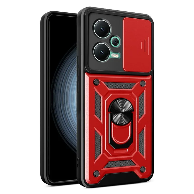 For Xiaomi Redmi Note 12 5G (India) / Poco X5 5G Kickstand PC+TPU Slide Push Pull Camera Lens Protection Cover - Black-Cellmalls