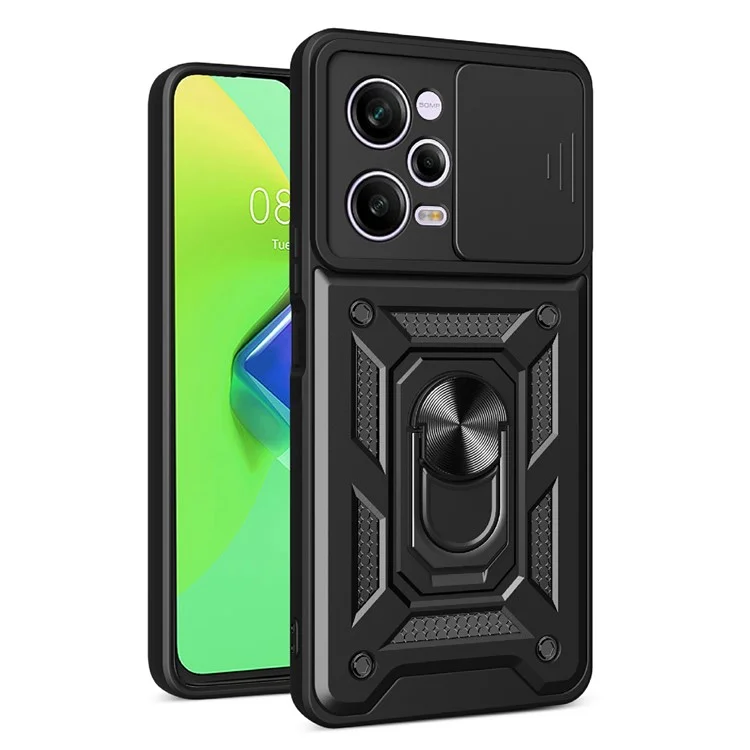 For Xiaomi Redmi Note 12 Pro 5G Kickstand PC + TPU Phone Case Slide Push Pull Camera Lens Protection Cover - Black-Cellmalls