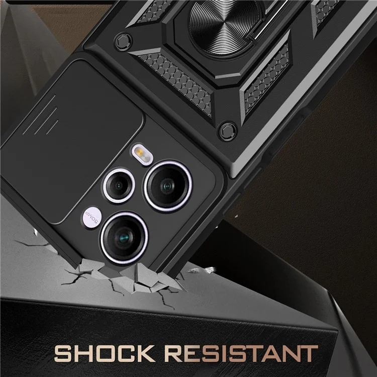 For Xiaomi Redmi Note 12 Pro 5G Kickstand PC + TPU Phone Case Slide Push Pull Camera Lens Protection Cover - Black-Cellmalls