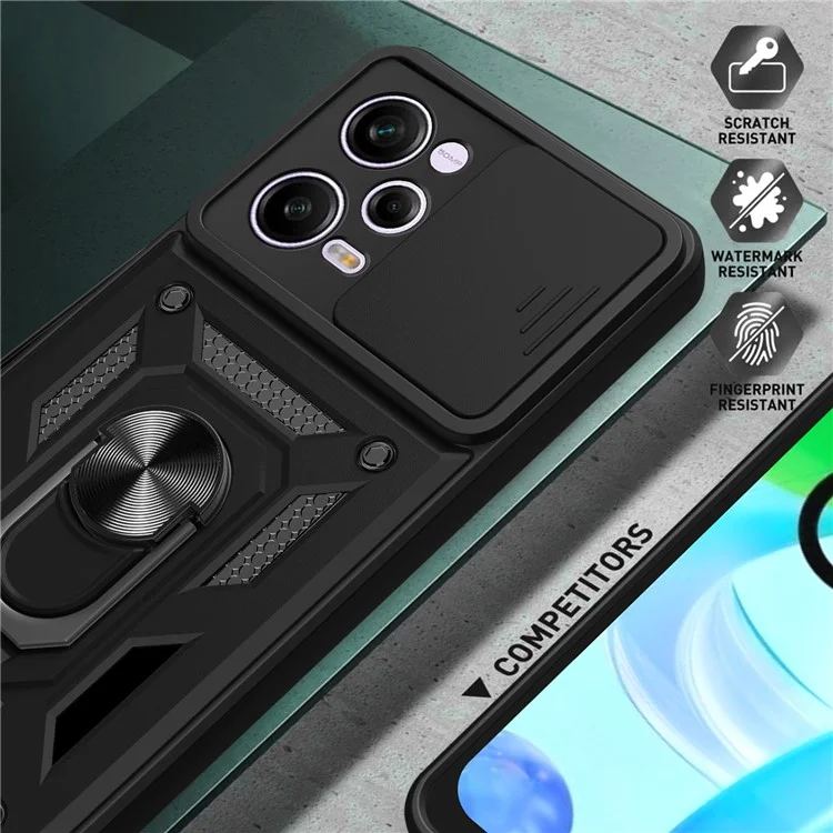 For Xiaomi Redmi Note 12 Pro 5G Kickstand PC + TPU Phone Case Slide Push Pull Camera Lens Protection Cover - Black-Cellmalls