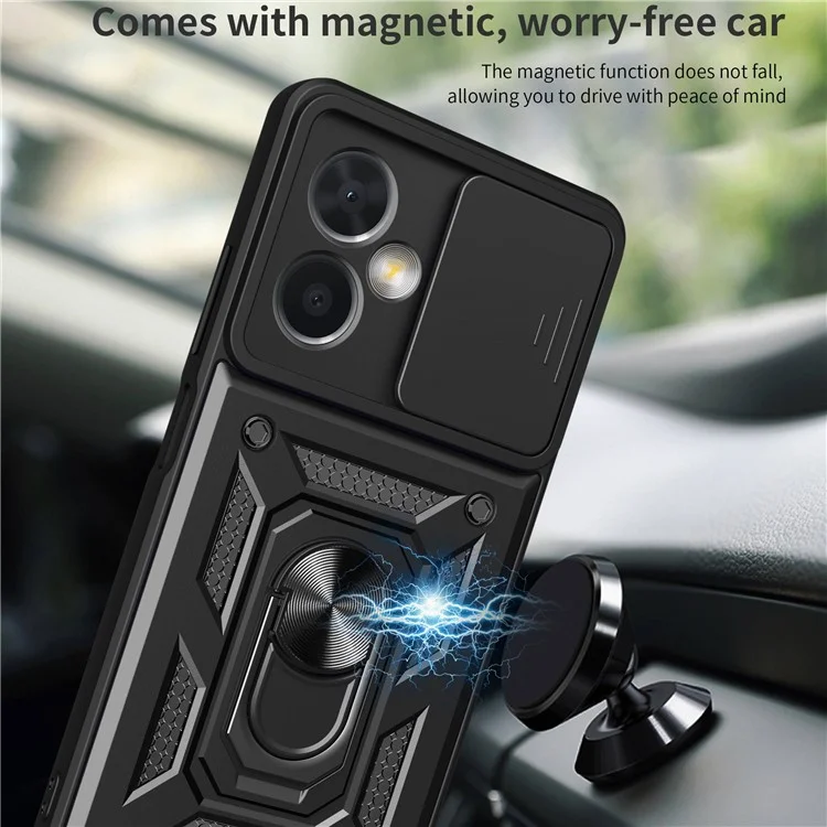 Phone Case for Xiaomi Redmi Note 12 5G (China), PC + TPU Protective Back Cover with Slide Camera Protector and Ring Kickstand - Black-Cellmalls