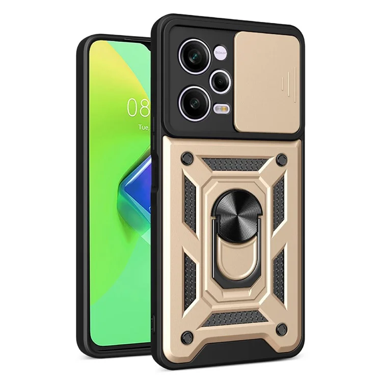 For Xiaomi Redmi Note 12 Pro 5G Kickstand PC + TPU Phone Case Slide Push Pull Camera Lens Protection Cover - Black-Cellmalls