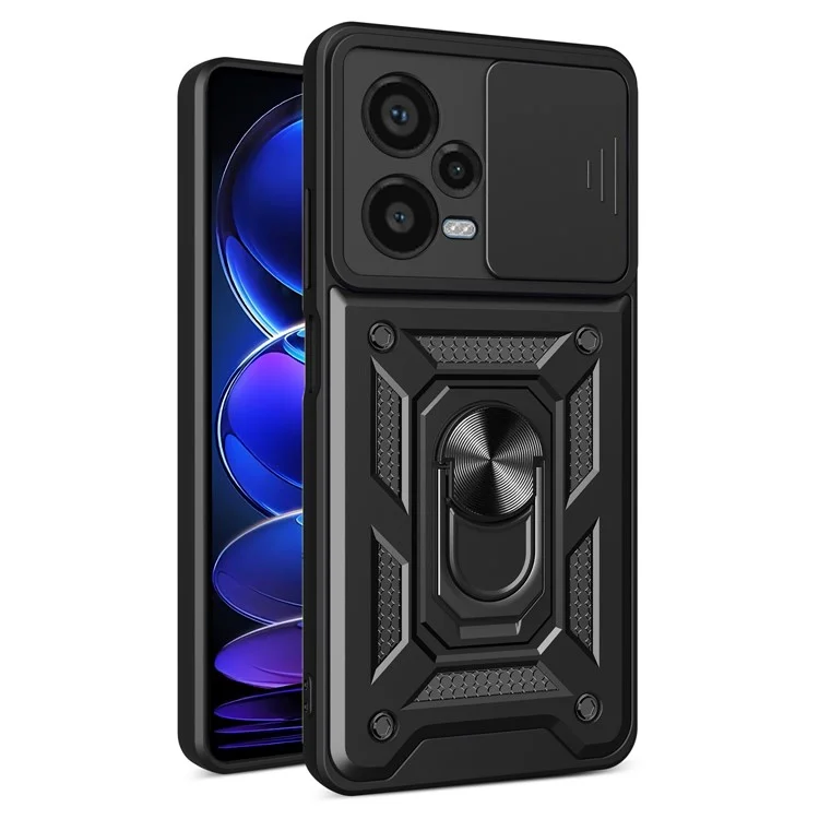 For Xiaomi Redmi Note 12 Pro+ 5G Kickstand Phone Case Slide Lens Protection PC+TPU Phone Cover - Black-Cellmalls
