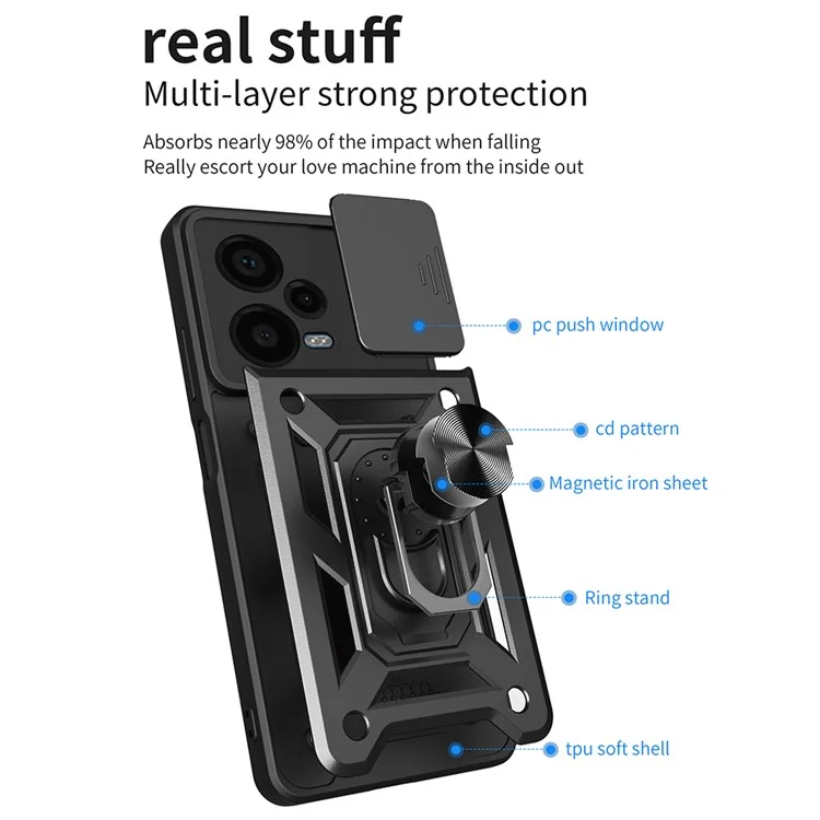 For Xiaomi Redmi Note 12 Pro+ 5G Kickstand Phone Case Slide Lens Protection PC+TPU Phone Cover - Black-Cellmalls