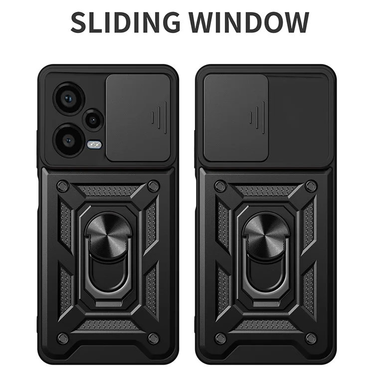 For Xiaomi Redmi Note 12 Pro+ 5G Kickstand Phone Case Slide Lens Protection PC+TPU Phone Cover - Black-Cellmalls