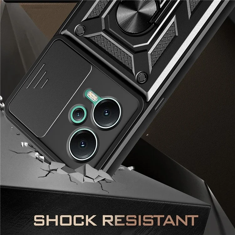 For Xiaomi Redmi Note 12 5G (India) / Poco X5 5G Kickstand PC+TPU Slide Push Pull Camera Lens Protection Cover - Black-Cellmalls
