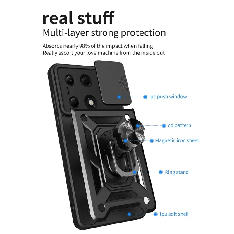 For Xiaomi Redmi Note 13 Pro 4G / Poco M6 Pro 4G Phone Case Slide Lens Guard Bump Proof PC+TPU Shell - Black-Cellmalls