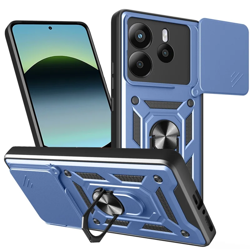 For Xiaomi Redmi Note 14 4G (164.84mm) Case with Slide Camera Lid PC + TPU Kickstand Phone Cover - Black-Cellmalls