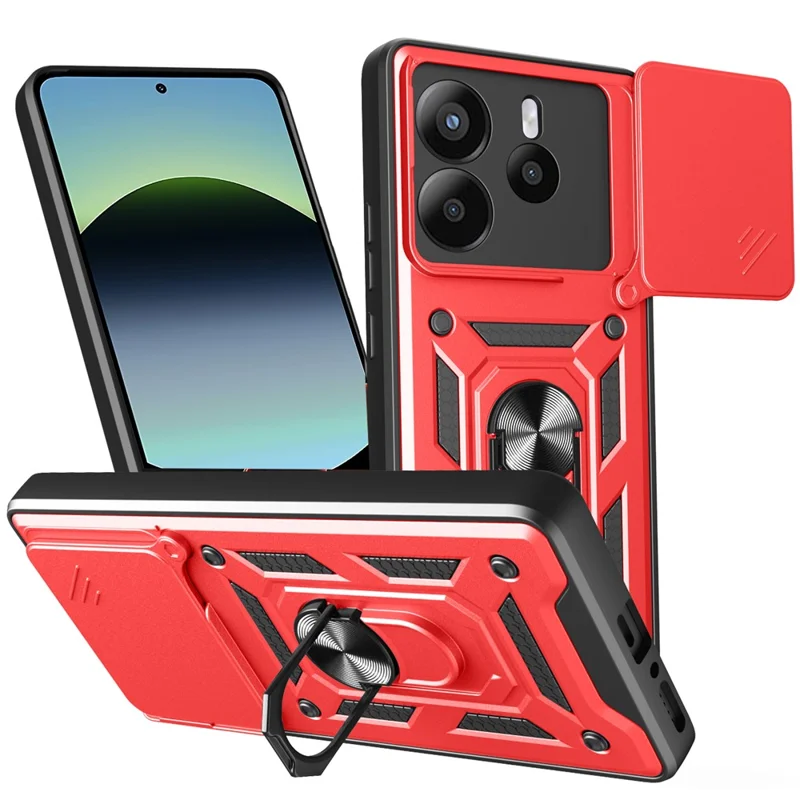 For Xiaomi Redmi Note 14 4G (164.84mm) Case with Slide Camera Lid PC + TPU Kickstand Phone Cover - Black-Cellmalls