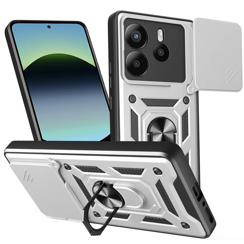 For Xiaomi Redmi Note 14 4G (164.84mm) Case with Slide Camera Lid PC + TPU Kickstand Phone Cover - Black-Cellmalls