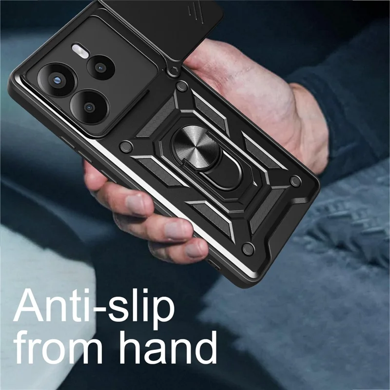 For Xiaomi Redmi Note 14 4G (164.84mm) Case with Slide Camera Lid PC + TPU Kickstand Phone Cover - Black-Cellmalls